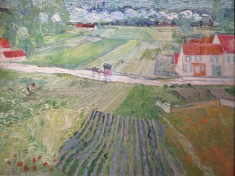 Landschaft mit Kutsche und Zügen